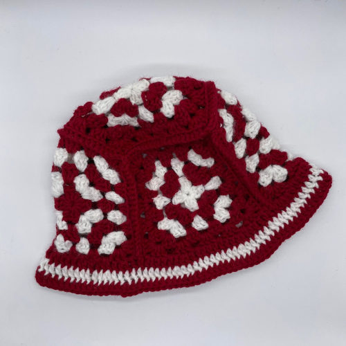 red and white brennas bucket hat